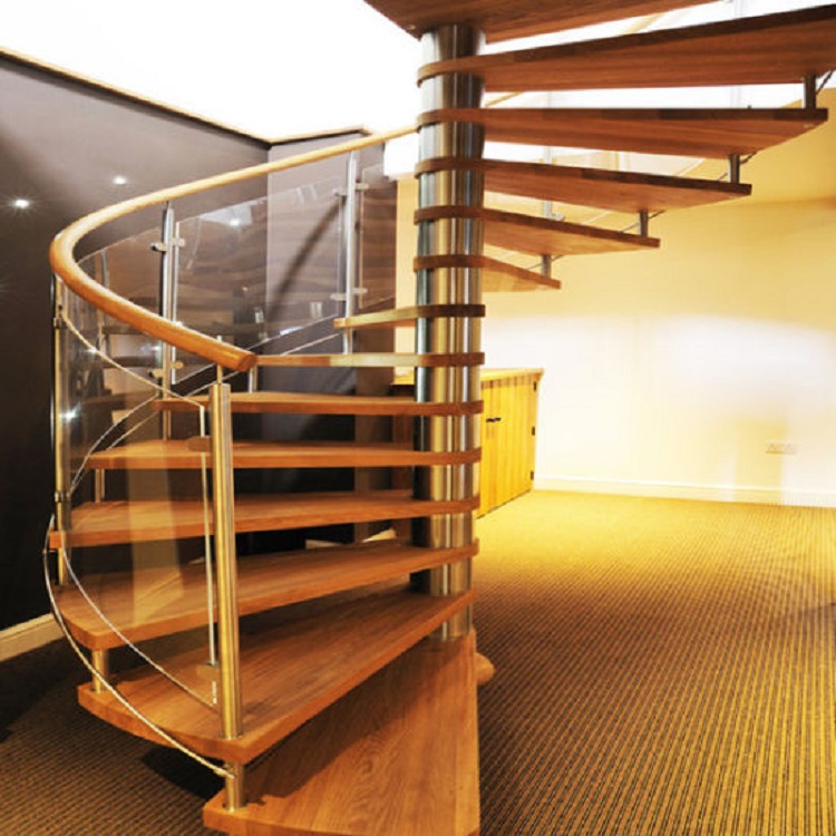 Modern design glass railing spiral staircase with wood step