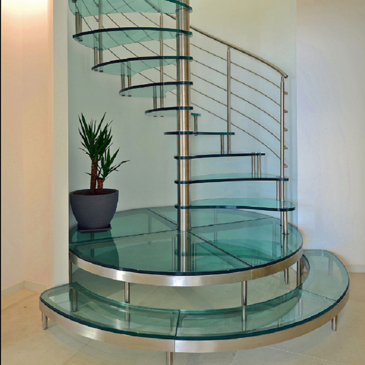Glass tread spiral staircase round stairs with stainless steel railing