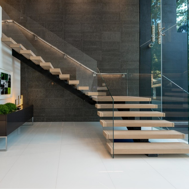 Custom mono stringer stair kits glass railing timber tread straight staircase for villa