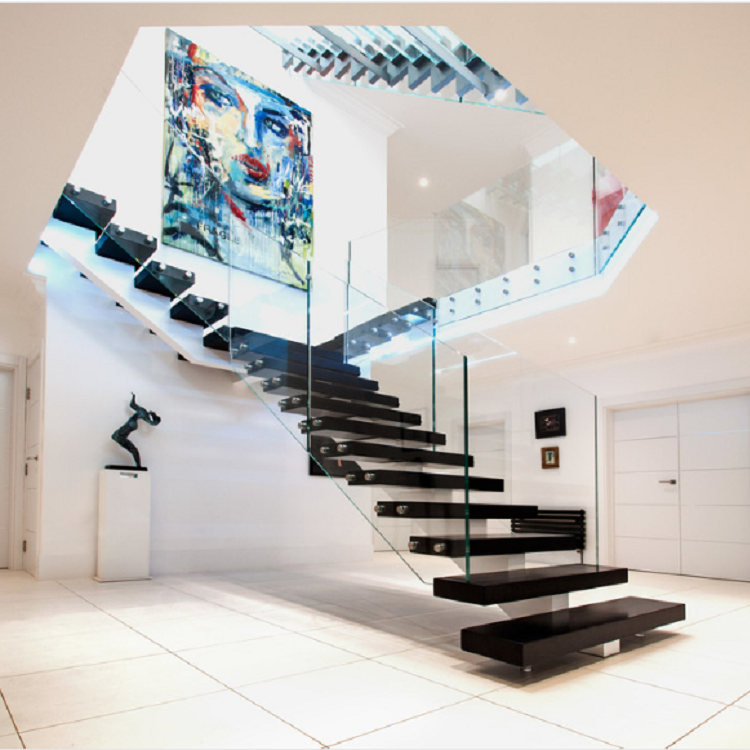 Straight mono stringer steel staircase with hardwood steps