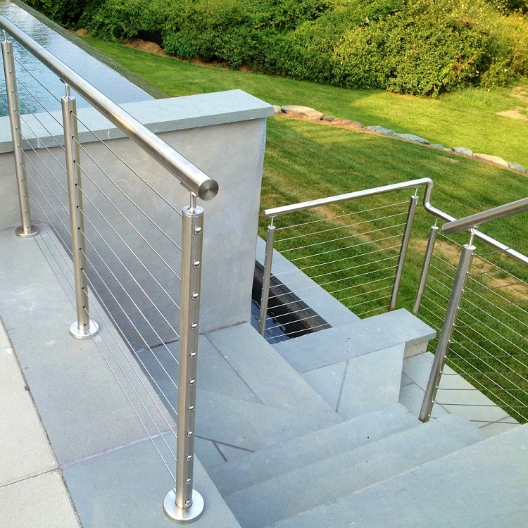 Exterior balcony brushed stainless steel cable deck railing design